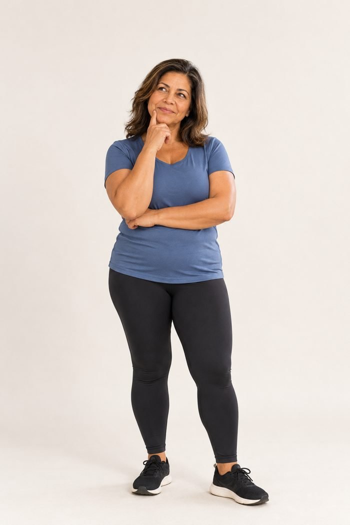 Mulher de 55 anos pensativa